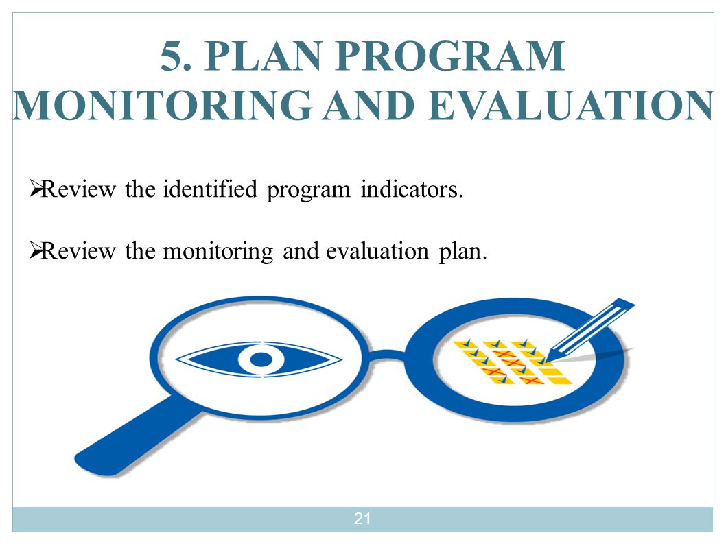 5. PLAN PROGRAM MONITORING AND EVALUATION  Review the identified program indicators.