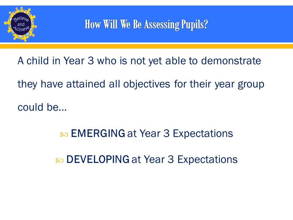 A child in Year 3 who is not yet able to demonstrate they have attained all objectives for their year group could be…  EMERGING at Year 3 Expectations  DEVELOPING at Year 3 Expectations