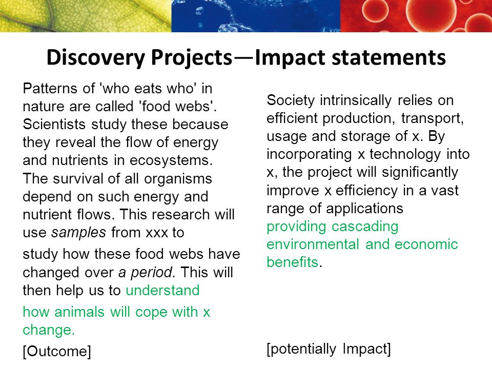 Discovery Projects—Impact statements Patterns of who eats who in nature are called food webs .