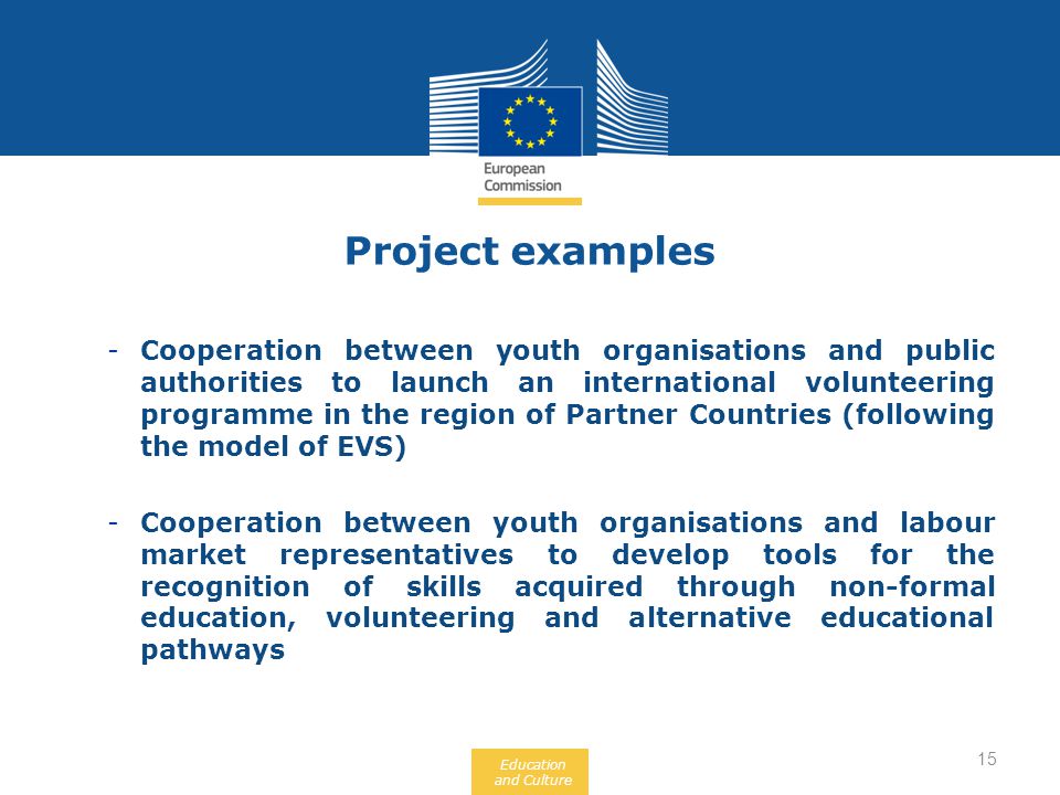 Education and Culture -Cooperation between youth organisations and public authorities to launch an international volunteering programme in the region of Partner Countries (following the model of EVS) -Cooperation between youth organisations and labour market representatives to develop tools for the recognition of skills acquired through non-formal education, volunteering and alternative educational pathways Project examples 15