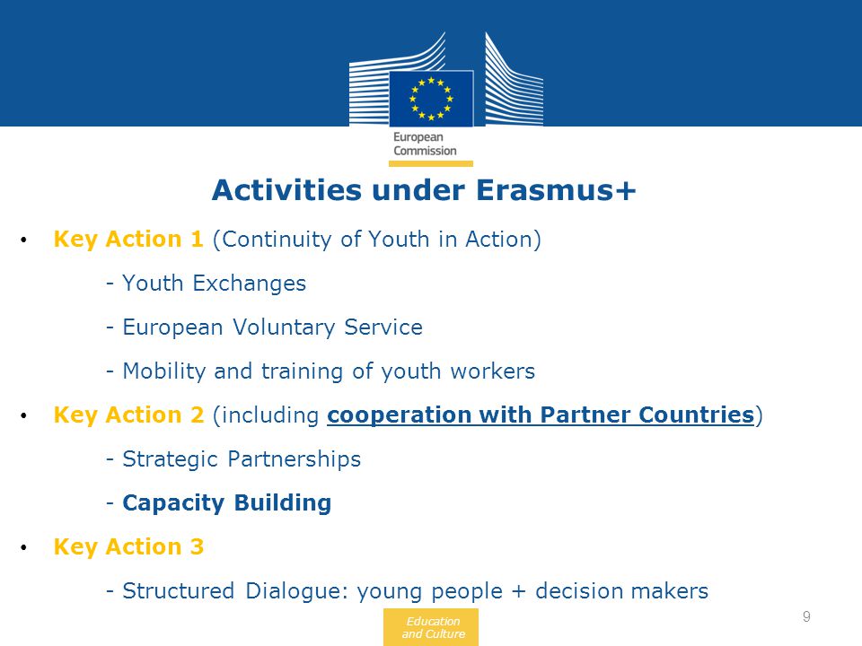 Education and Culture Activities under Erasmus+ Key Action 1 (Continuity of Youth in Action) - Youth Exchanges - European Voluntary Service - Mobility and training of youth workers Key Action 2 (including cooperation with Partner Countries) - Strategic Partnerships - Capacity Building Key Action 3 - Structured Dialogue: young people + decision makers 9