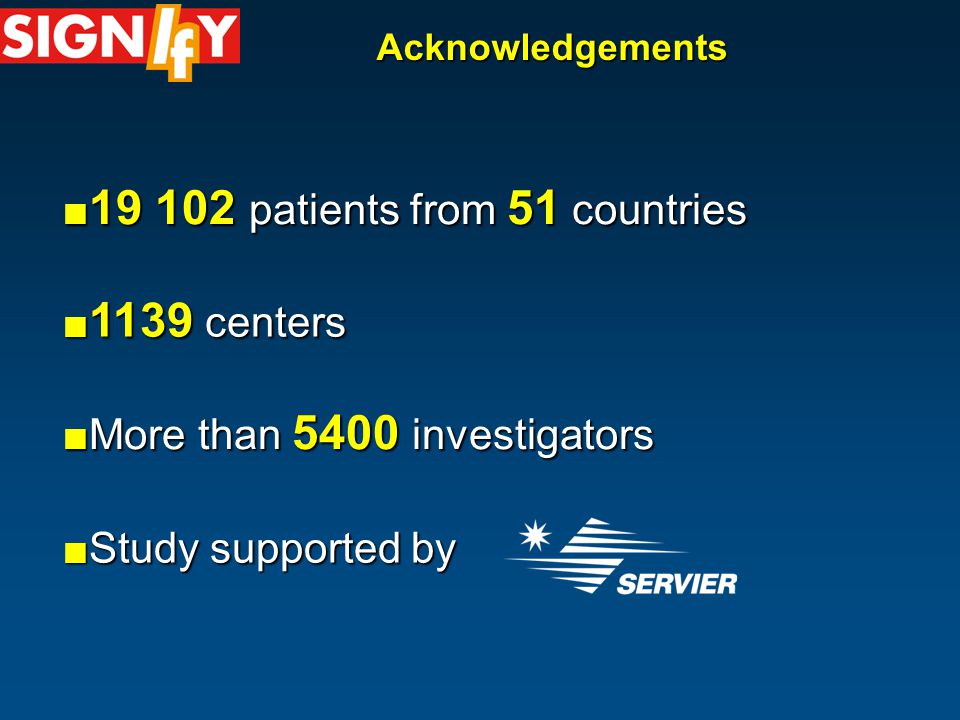 Acknowledgements patients from 51 countries patients from 51 countries 1139 centers 1139 centers More than 5400 investigators More than 5400 investigators Study supported by Study supported by