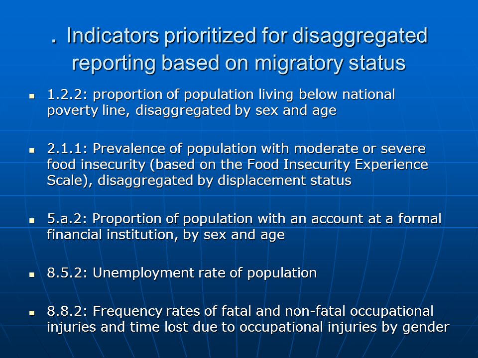 . Indicators prioritized for disaggregated reporting based on migratory status 1.2.2: proportion of population living below national poverty line, disaggregated by sex and age 1.2.2: proportion of population living below national poverty line, disaggregated by sex and age 2.1.1: Prevalence of population with moderate or severe food insecurity (based on the Food Insecurity Experience Scale), disaggregated by displacement status 2.1.1: Prevalence of population with moderate or severe food insecurity (based on the Food Insecurity Experience Scale), disaggregated by displacement status 5.a.2: Proportion of population with an account at a formal financial institution, by sex and age 5.a.2: Proportion of population with an account at a formal financial institution, by sex and age 8.5.2: Unemployment rate of population 8.5.2: Unemployment rate of population 8.8.2: Frequency rates of fatal and non-fatal occupational injuries and time lost due to occupational injuries by gender 8.8.2: Frequency rates of fatal and non-fatal occupational injuries and time lost due to occupational injuries by gender