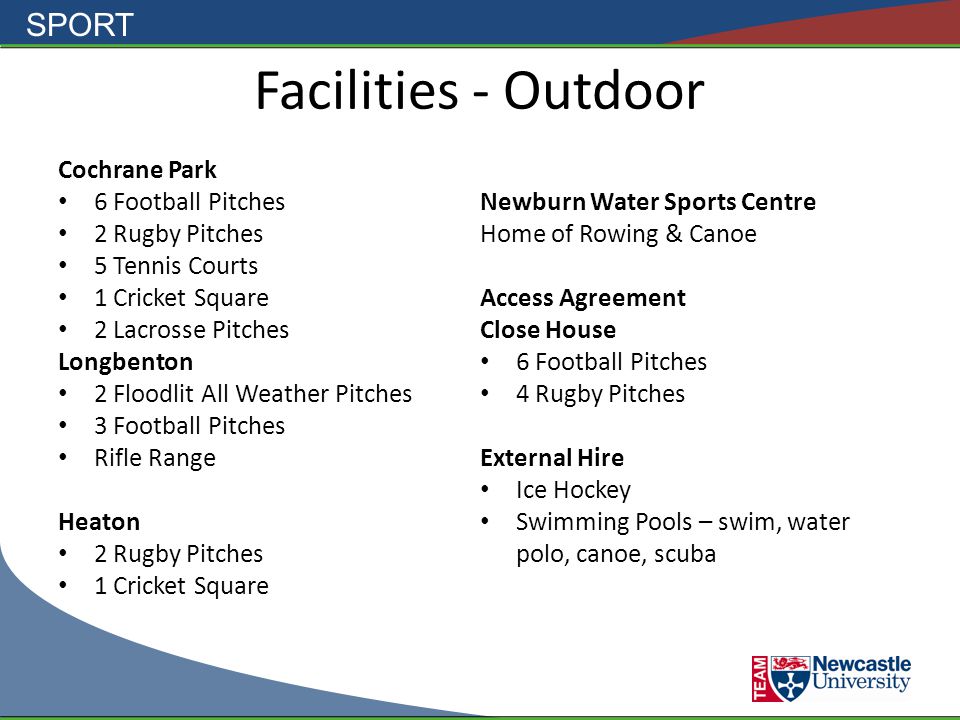 SPORT Facilities - Outdoor Cochrane Park 6 Football Pitches 2 Rugby Pitches 5 Tennis Courts 1 Cricket Square 2 Lacrosse Pitches Longbenton 2 Floodlit All Weather Pitches 3 Football Pitches Rifle Range Heaton 2 Rugby Pitches 1 Cricket Square Newburn Water Sports Centre Home of Rowing & Canoe Access Agreement Close House 6 Football Pitches 4 Rugby Pitches External Hire Ice Hockey Swimming Pools – swim, water polo, canoe, scuba