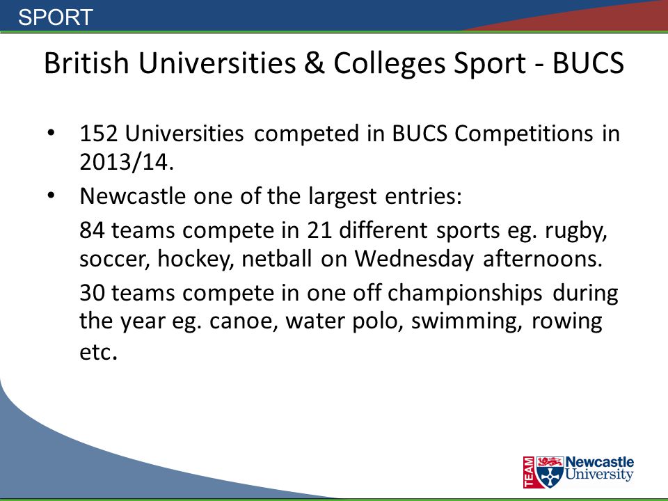 SPORT British Universities & Colleges Sport - BUCS 152 Universities competed in BUCS Competitions in 2013/14.