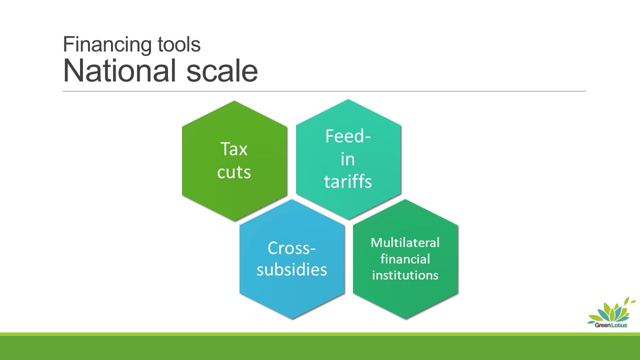 Financing tools National scale Tax cuts Multilateral financial institutions Feed- in tariffs Cross- subsidies