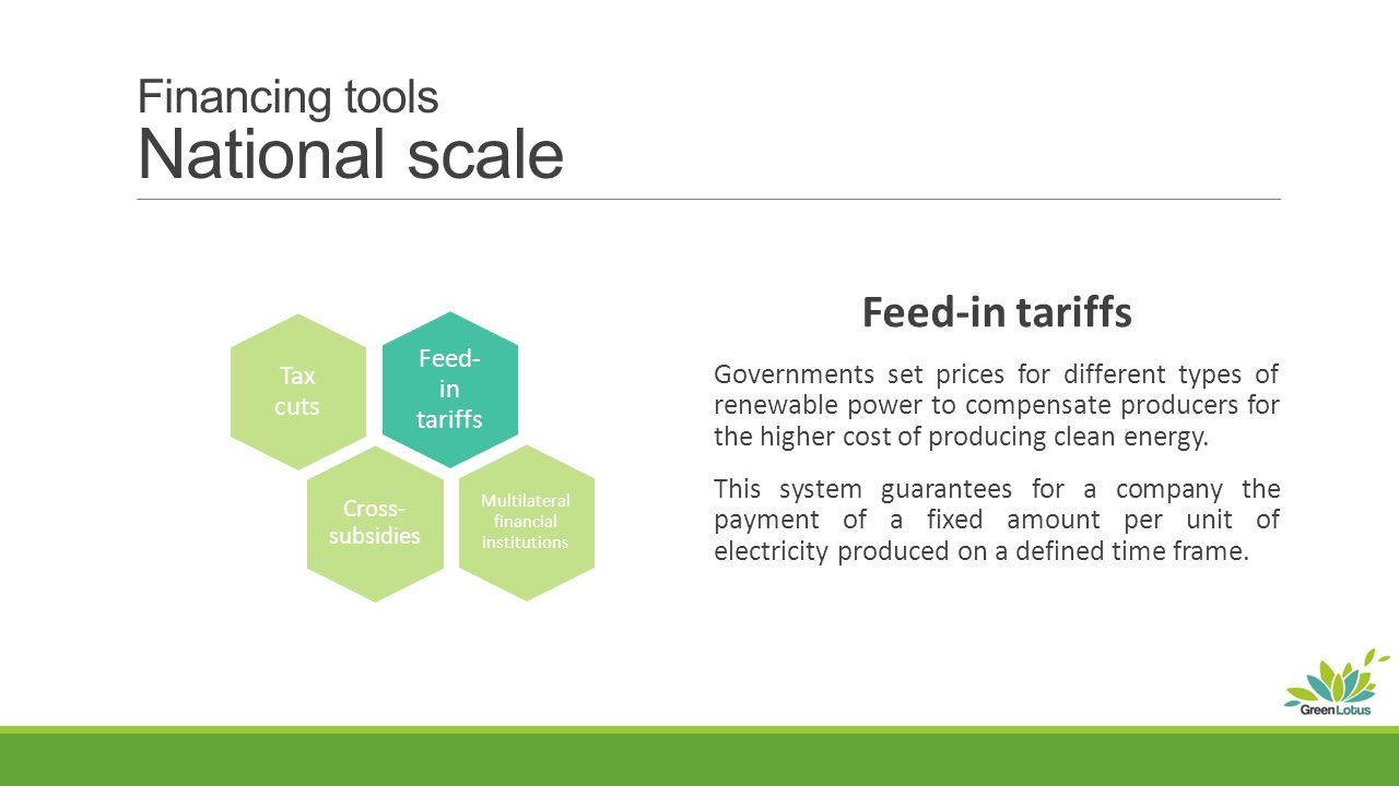Financing tools National scale Feed-in tariffs Governments set prices for different types of renewable power to compensate producers for the higher cost of producing clean energy.