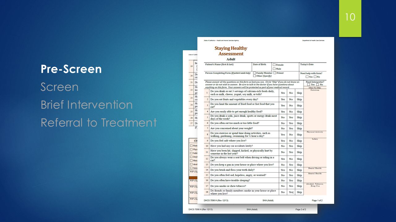 Pre-Screen Screen Brief Intervention Referral to Treatment 10