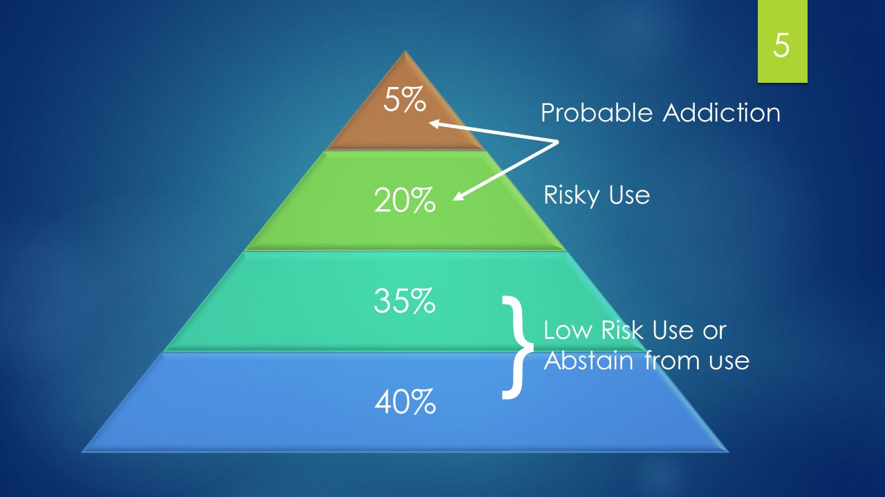 5% 20% 35% 40% } Low Risk Use or Abstain from use Risky Use Probable Addiction 5