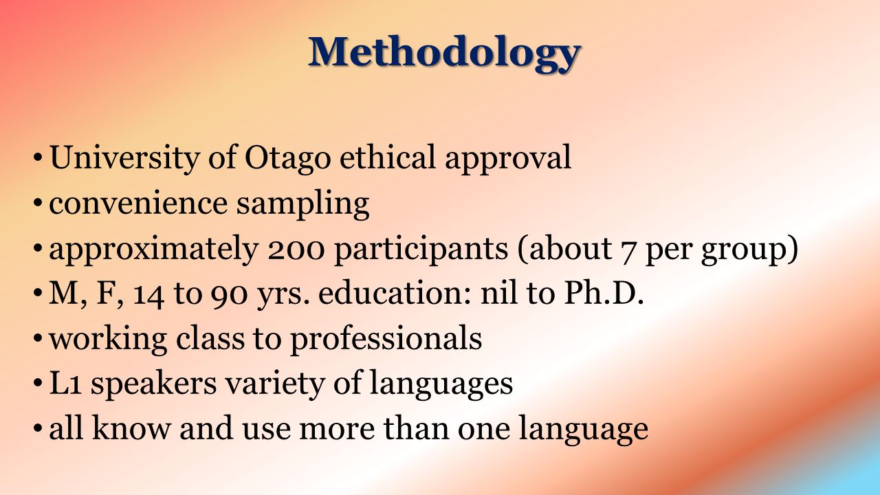 Methodology University of Otago ethical approval convenience sampling approximately 200 participants (about 7 per group) M, F, 14 to 90 yrs.