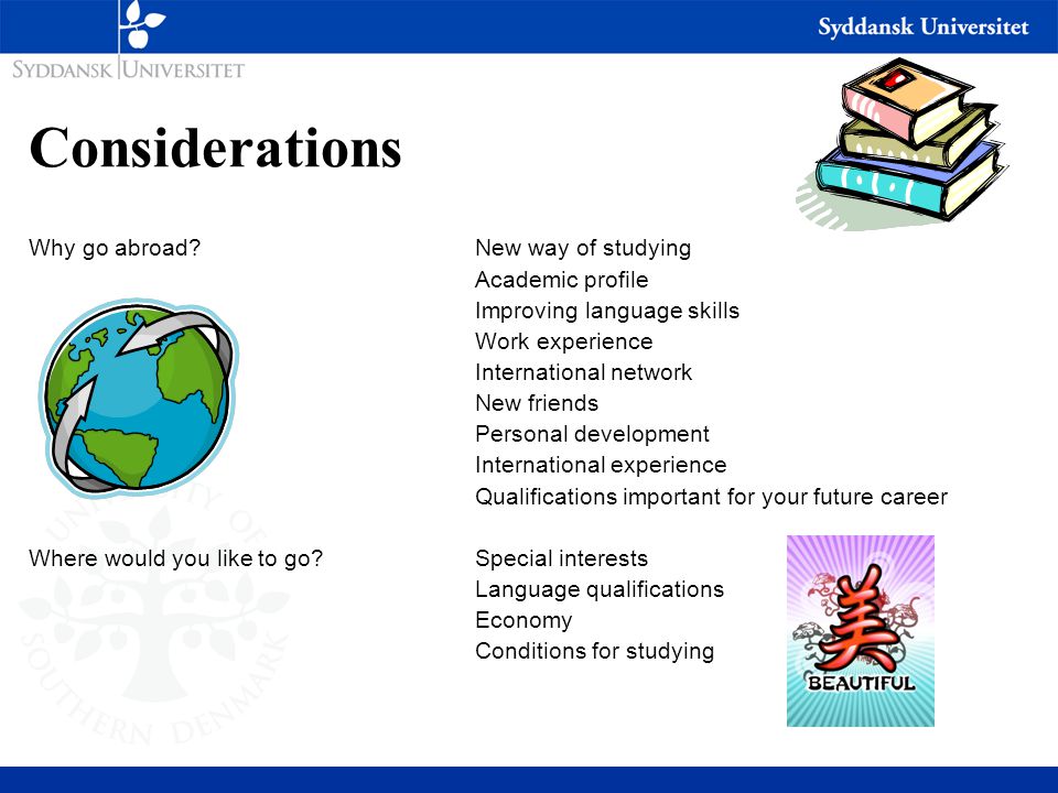Considerations Why go abroad New way of studying Academic profile Improving language skills Work experience International network New friends Personal development International experience Qualifications important for your future career Where would you like to go Special interests Language qualifications Economy Conditions for studying