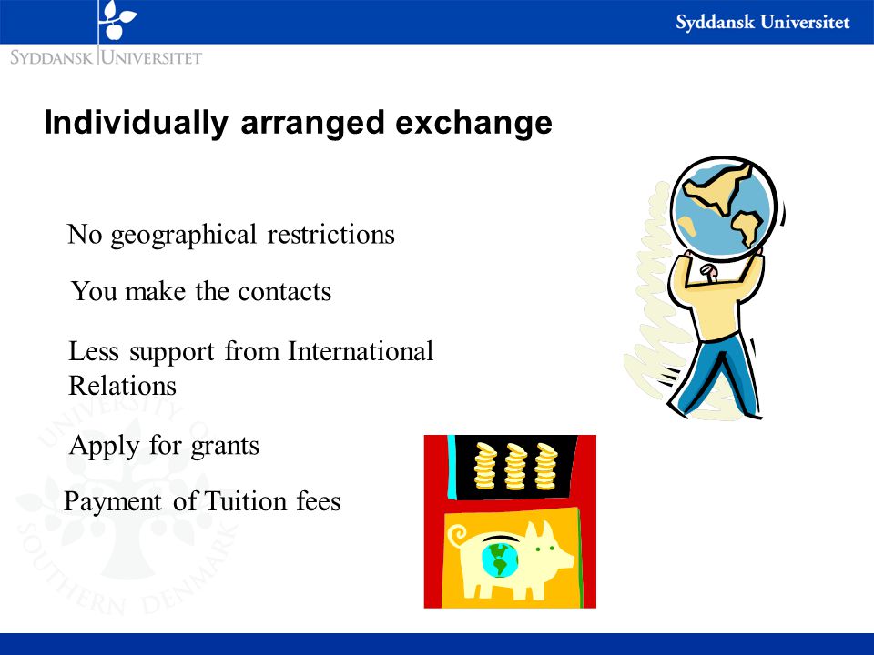 Individually arranged exchange No geographical restrictions You make the contacts Apply for grants Payment of Tuition fees Less support from International Relations
