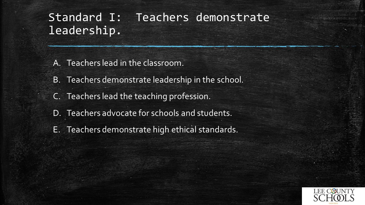 Standard I: Teachers demonstrate leadership. A.Teachers lead in the classroom.