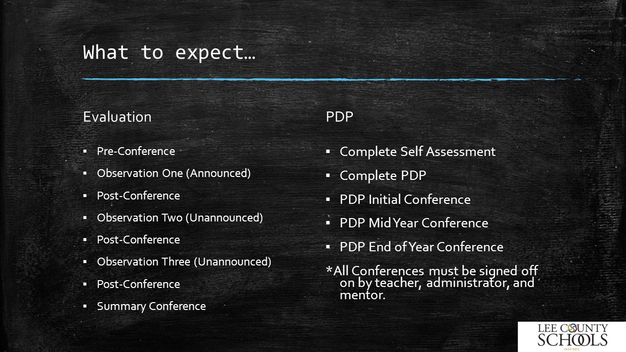 What to expect… Evaluation ▪ Pre-Conference ▪ Observation One (Announced) ▪ Post-Conference ▪ Observation Two (Unannounced) ▪ Post-Conference ▪ Observation Three (Unannounced) ▪ Post-Conference ▪ Summary Conference PDP ▪ Complete Self Assessment ▪ Complete PDP ▪ PDP Initial Conference ▪ PDP Mid Year Conference ▪ PDP End of Year Conference *All Conferences must be signed off on by teacher, administrator, and mentor.