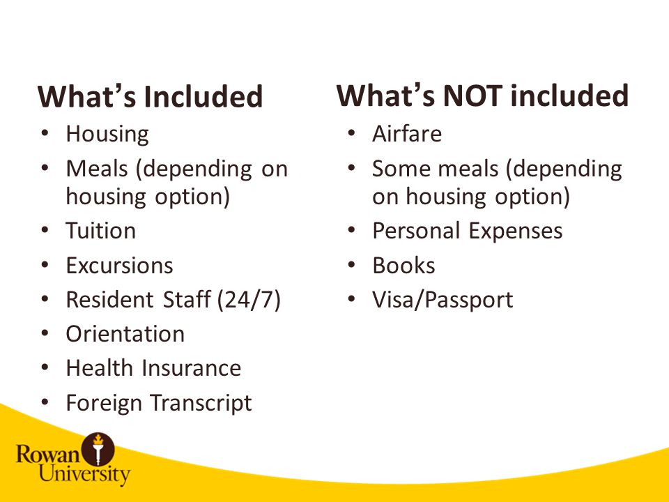 What’s Included Housing Meals (depending on housing option) Tuition Excursions Resident Staff (24/7) Orientation Health Insurance Foreign Transcript Airfare Some meals (depending on housing option) Personal Expenses Books Visa/Passport What’s NOT included