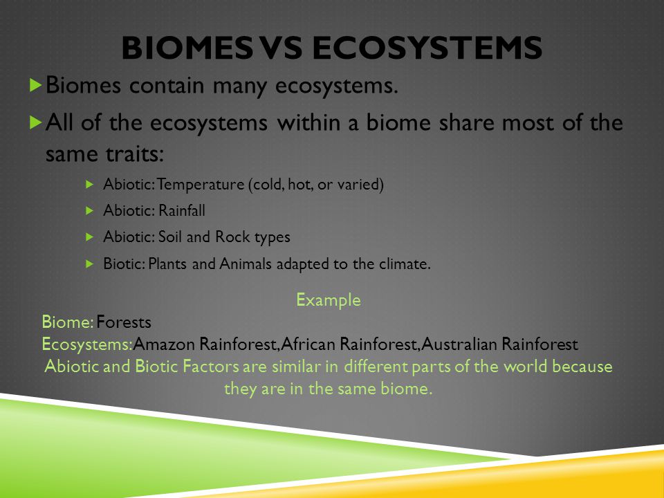 BIOMES VS ECOSYSTEMS  Biomes contain many ecosystems.