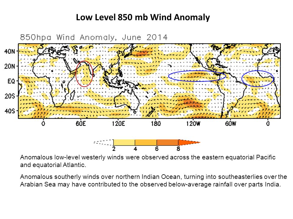 Low Level 850 mb Wind Anomaly Anomalous low-level westerly winds were observed across the eastern equatorial Pacific and equatorial Atlantic.