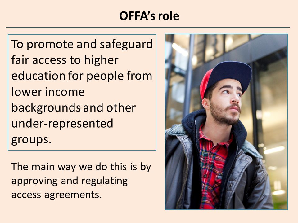 OFFA’s role To promote and safeguard fair access to higher education for people from lower income backgrounds and other under-represented groups.