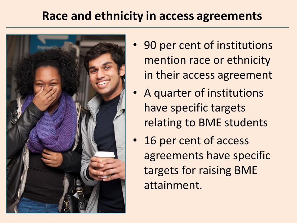 Race and ethnicity in access agreements 90 per cent of institutions mention race or ethnicity in their access agreement A quarter of institutions have specific targets relating to BME students 16 per cent of access agreements have specific targets for raising BME attainment.
