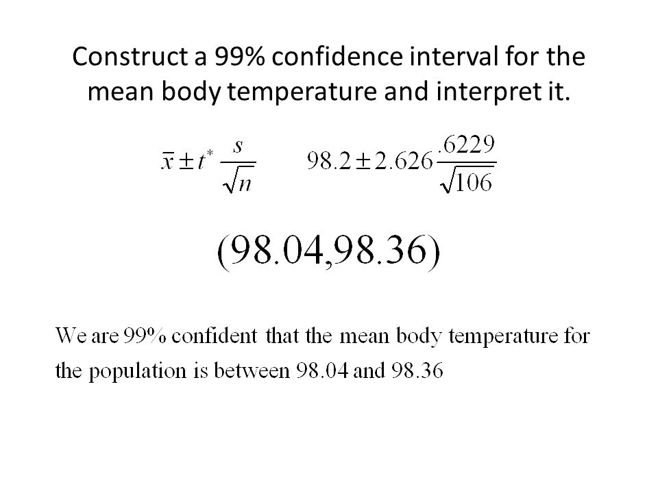 Construct a 99% confidence interval for the mean body temperature and interpret it.