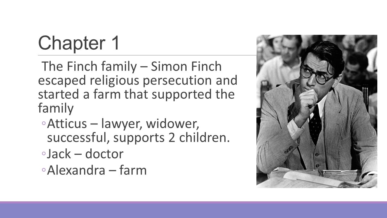 Chapter 1 The Finch family – Simon Finch escaped religious persecution and started a farm that supported the family ◦Atticus – lawyer, widower, successful, supports 2 children.
