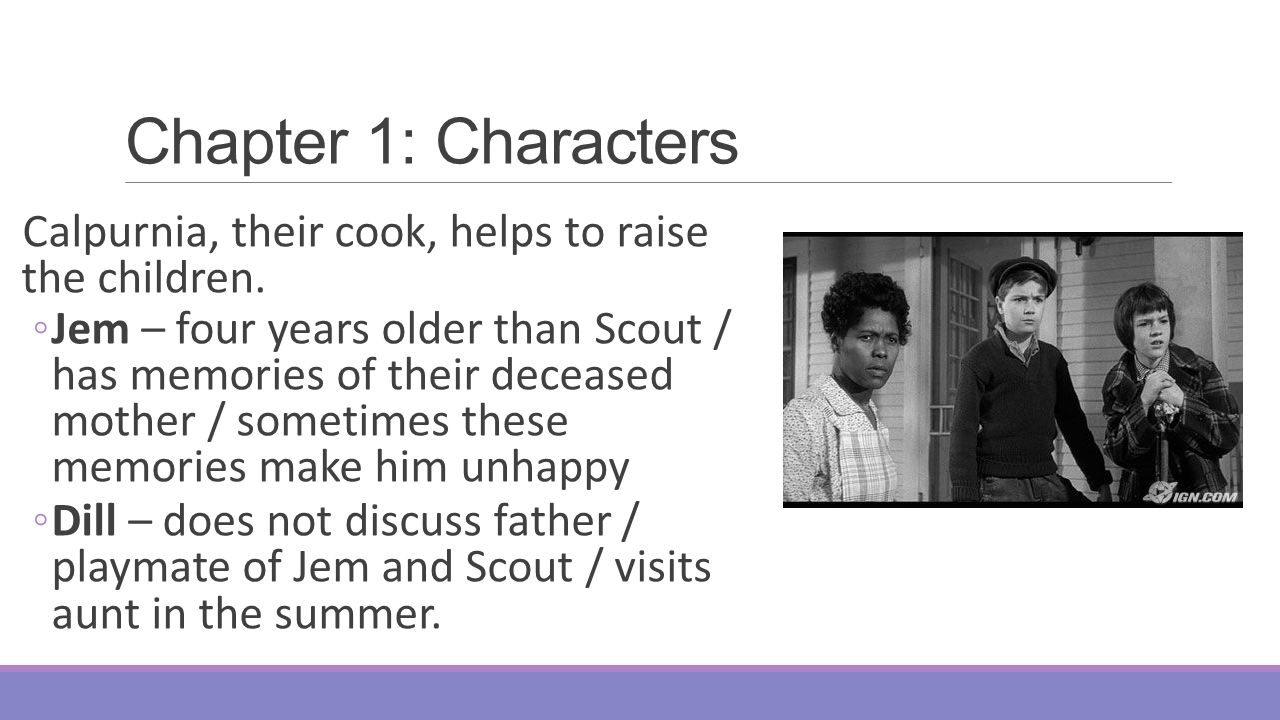 Chapter 1: Characters Calpurnia, their cook, helps to raise the children.