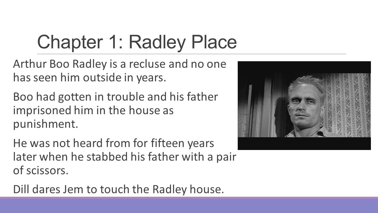Chapter 1: Radley Place Arthur Boo Radley is a recluse and no one has seen him outside in years.