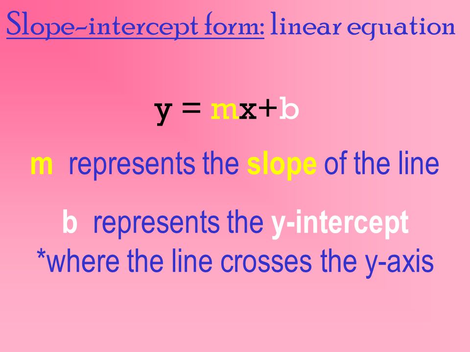 Slope-intercept form: linear equation y = mx+b m represents the slope of the line b represents the y-intercept *where the line crosses the y-axis