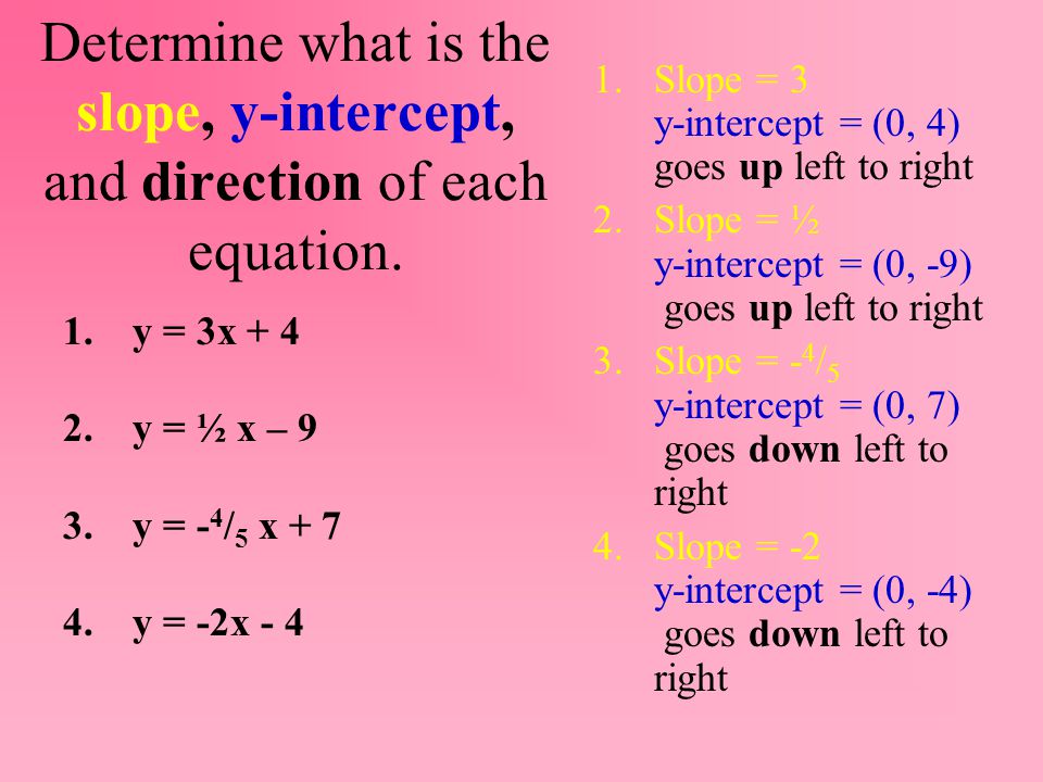 Determine what is the slope, y-intercept, and direction of each equation.