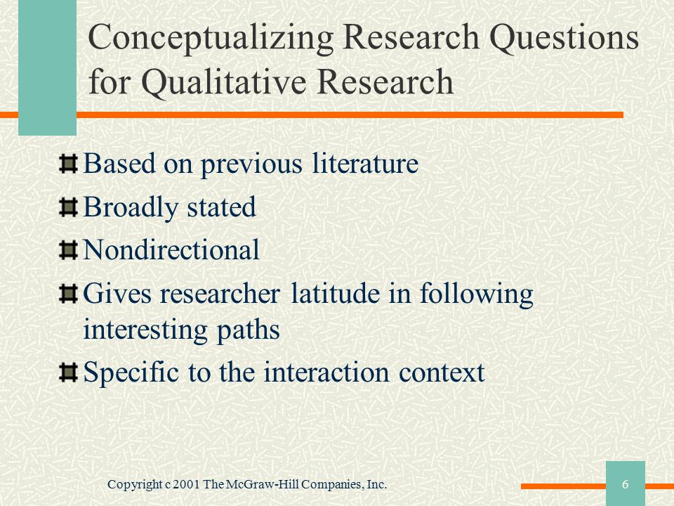 Copyright c 2001 The McGraw-Hill Companies, Inc.6 Conceptualizing Research Questions for Qualitative Research Based on previous literature Broadly stated Nondirectional Gives researcher latitude in following interesting paths Specific to the interaction context