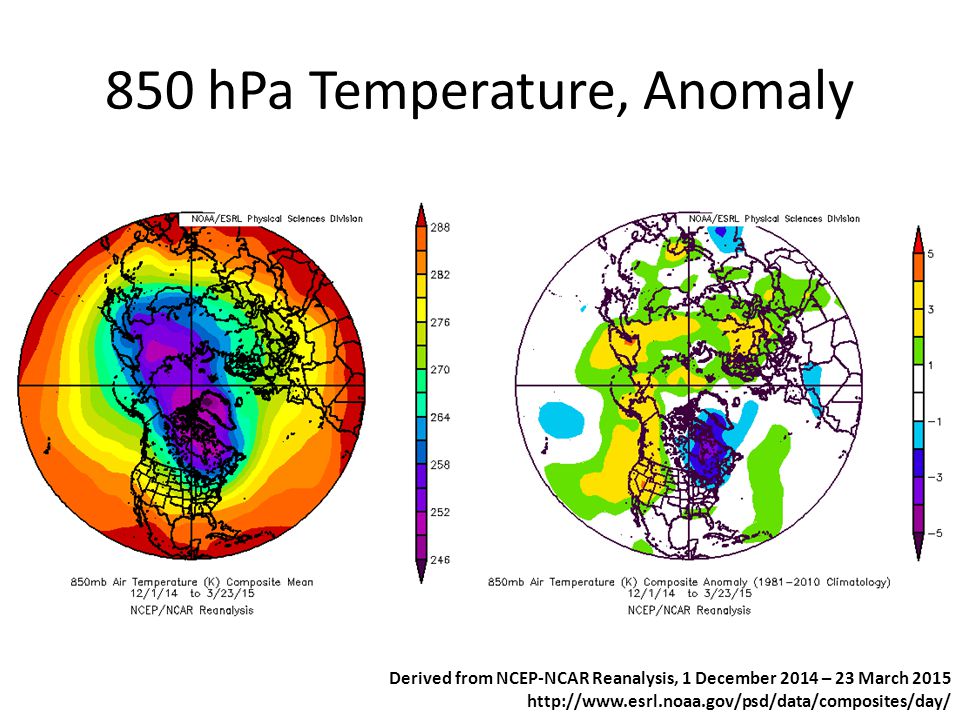 850 hPa Temperature, Anomaly Derived from NCEP-NCAR Reanalysis, 1 December 2014 – 23 March