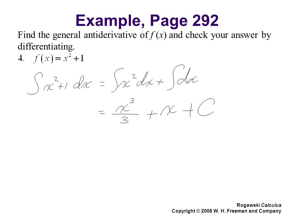 Example, Page 292 Find the general antiderivative of f (x) and check your answer by differentiating.