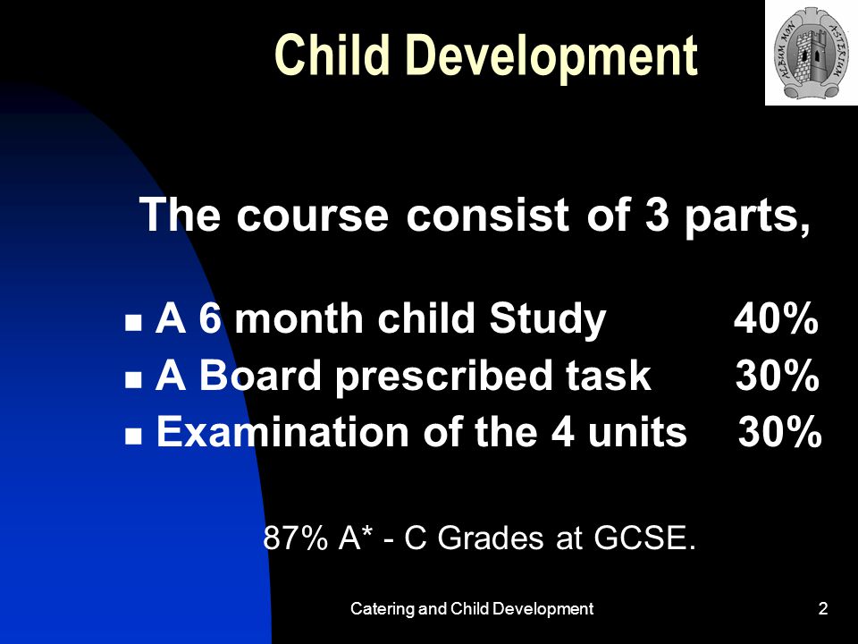 Catering and Child Development2 Child Development The course consist of 3 parts, A 6 month child Study 40% A Board prescribed task 30% Examination of the 4 units 30% 87% A* - C Grades at GCSE.