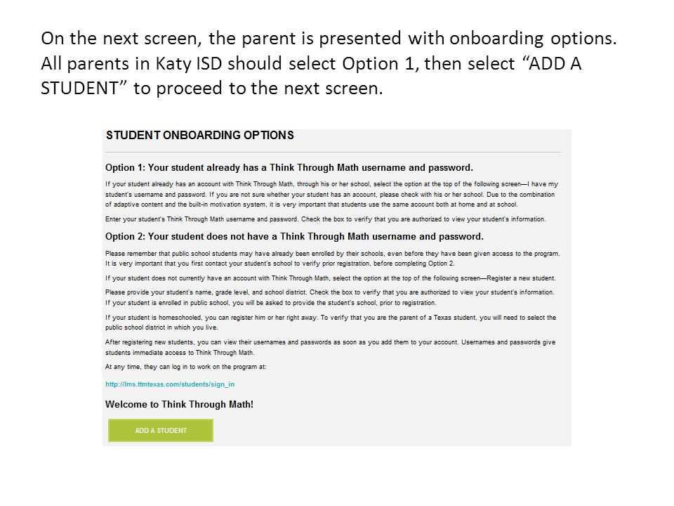 On the next screen, the parent is presented with onboarding options.
