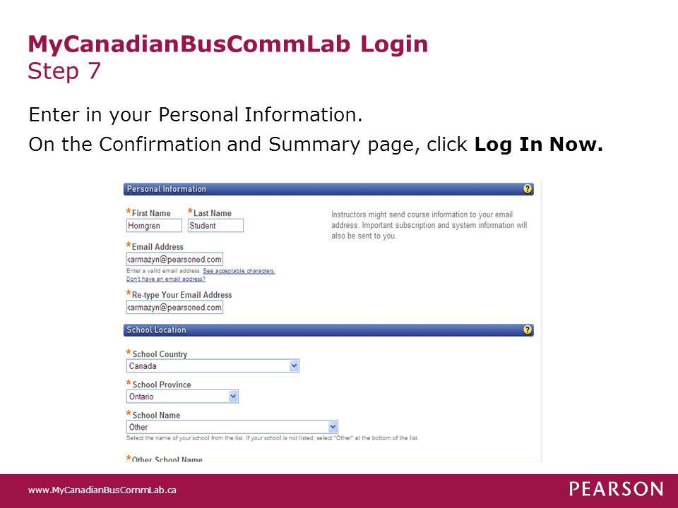 MyCanadianBusCommLab Login Step 7 Enter in your Personal Information.