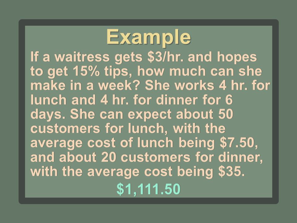 If a waitress gets $3/hr. and hopes to get 15% tips, how much can she make in a week.