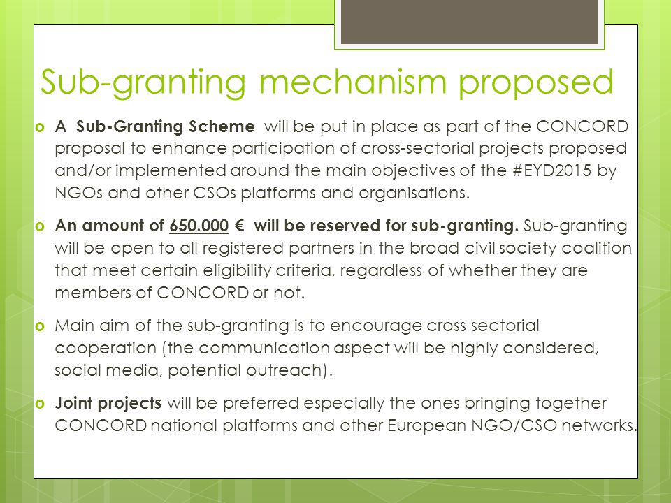 Sub-granting mechanism proposed  A Sub-Granting Scheme will be put in place as part of the CONCORD proposal to enhance participation of cross-sectorial projects proposed and/or implemented around the main objectives of the #EYD2015 by NGOs and other CSOs platforms and organisations.