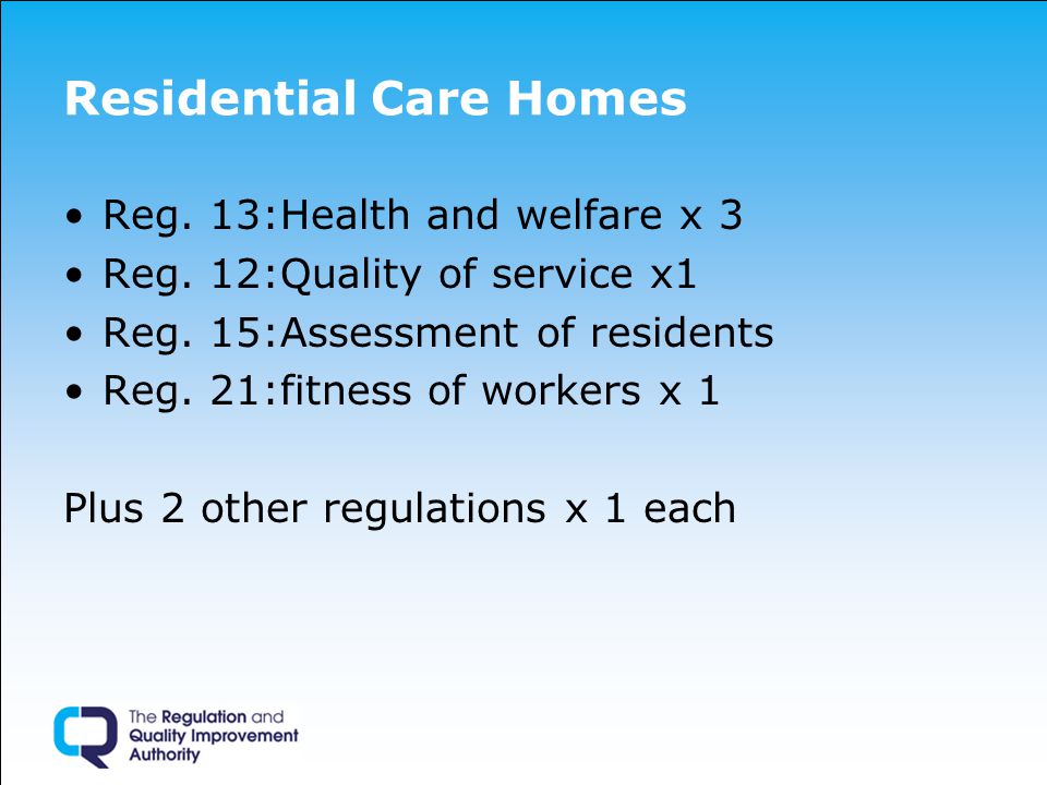 Residential Care Homes Reg. 13:Health and welfare x 3 Reg.