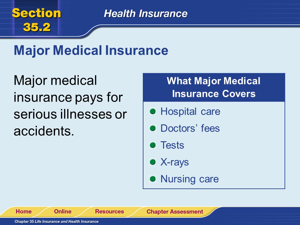 Major Medical Insurance Major medical insurance pays for serious illnesses or accidents.