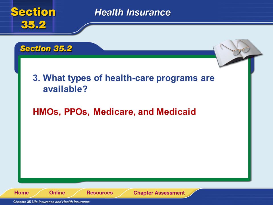 3.What types of health-care programs are available HMOs, PPOs, Medicare, and Medicaid