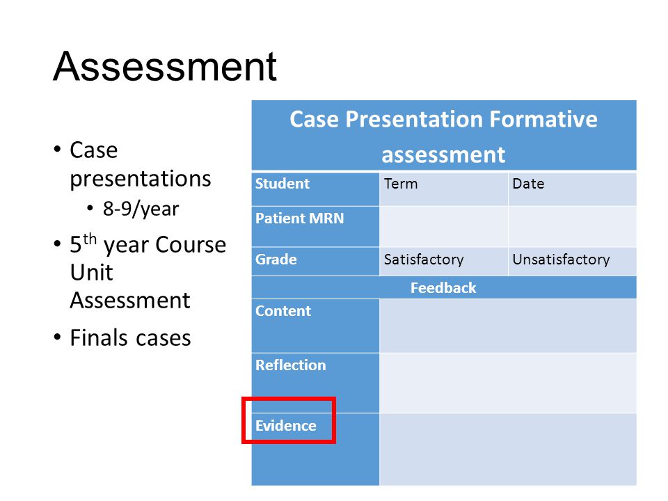 Assessment Case presentations 8-9/year 5 th year Course Unit Assessment Finals cases Case Presentation Formative assessment StudentTermDate Patient MRN GradeSatisfactoryUnsatisfactory Feedback Content Reflection Evidence