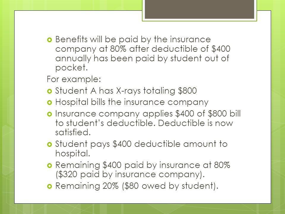  Benefits will be paid by the insurance company at 80% after deductible of $400 annually has been paid by student out of pocket.