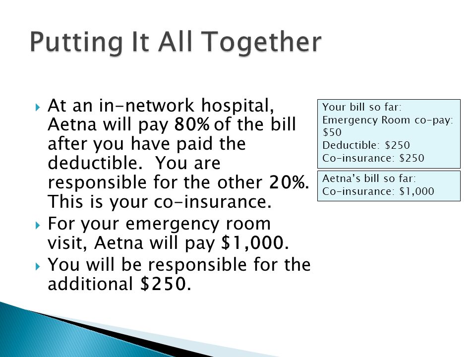  At an in-network hospital, Aetna will pay 80% of the bill after you have paid the deductible.