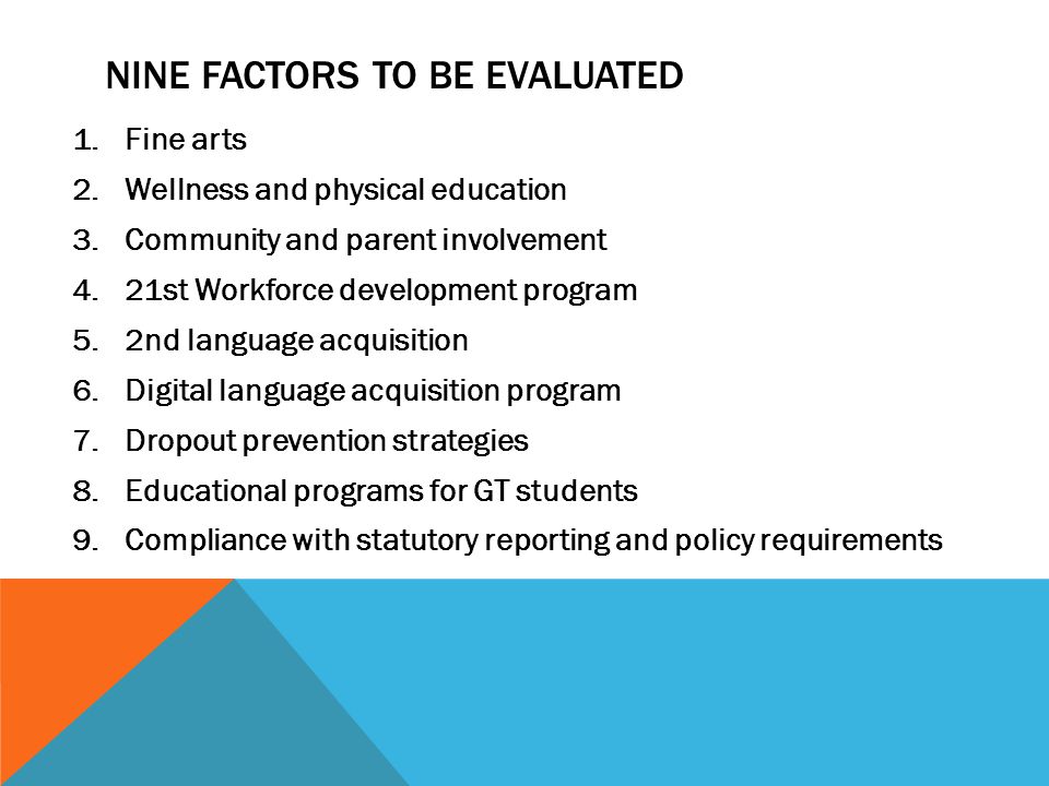 NINE FACTORS TO BE EVALUATED 1.Fine arts 2.Wellness and physical education 3.Community and parent involvement 4.21st Workforce development program 5.2nd language acquisition 6.Digital language acquisition program 7.Dropout prevention strategies 8.Educational programs for GT students 9.Compliance with statutory reporting and policy requirements