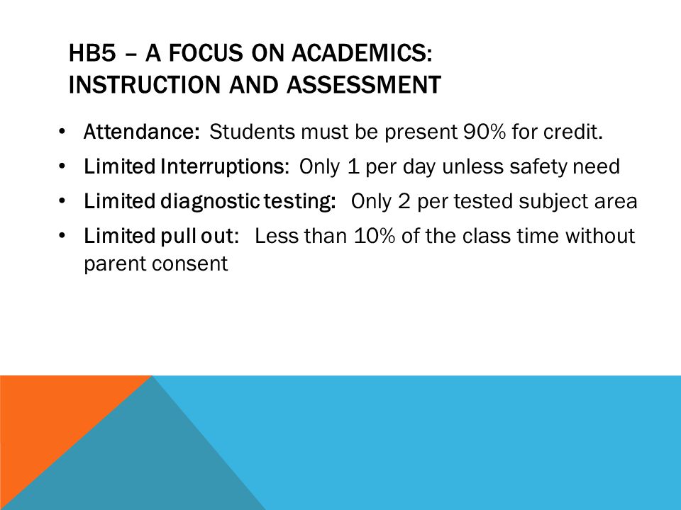 HB5 – A FOCUS ON ACADEMICS: INSTRUCTION AND ASSESSMENT Attendance: Students must be present 90% for credit.