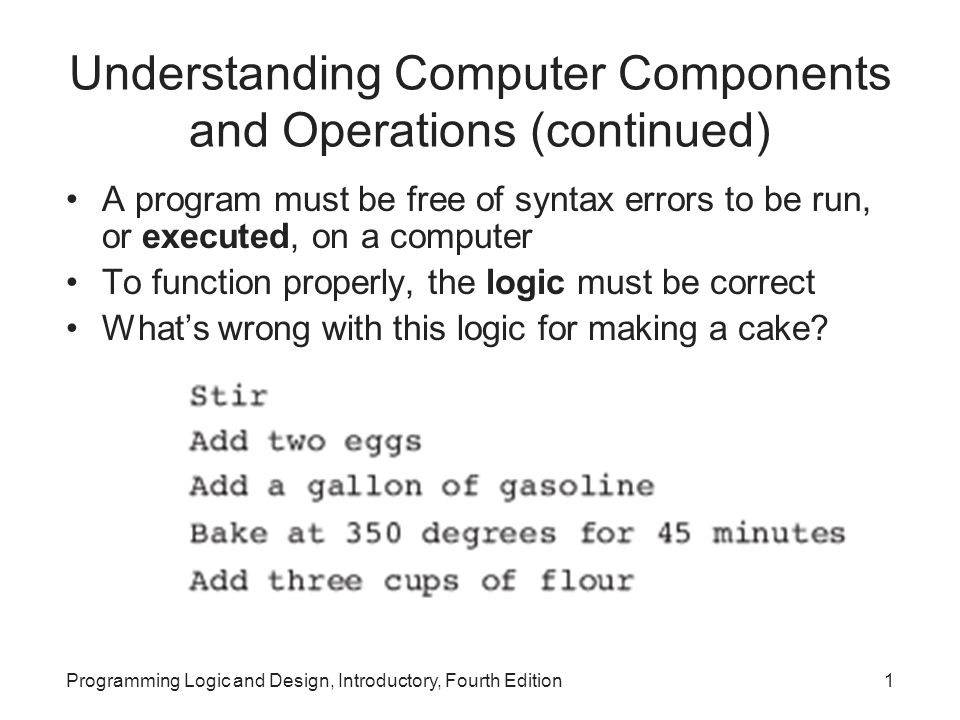 Programming Logic and Design, Introductory, Fourth Edition1 Understanding Computer Components and Operations (continued) A program must be free of syntax errors to be run, or executed, on a computer To function properly, the logic must be correct What’s wrong with this logic for making a cake