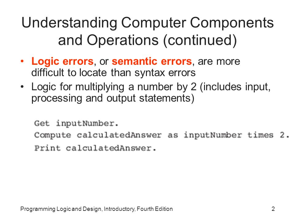 Programming Logic and Design, Introductory, Fourth Edition2 Understanding Computer Components and Operations (continued) Logic errors, or semantic errors, are more difficult to locate than syntax errors Logic for multiplying a number by 2 (includes input, processing and output statements)