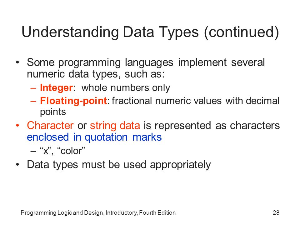 Programming Logic and Design, Introductory, Fourth Edition28 Understanding Data Types (continued) Some programming languages implement several numeric data types, such as: –Integer: whole numbers only –Floating-point: fractional numeric values with decimal points Character or string data is represented as characters enclosed in quotation marks – x , color Data types must be used appropriately