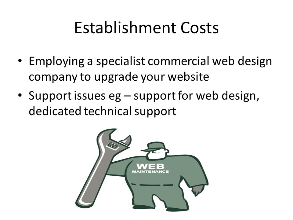 Establishment Costs Employing a specialist commercial web design company to upgrade your website Support issues eg – support for web design, dedicated technical support