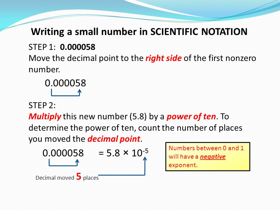 Writing a small number in SCIENTIFIC NOTATION STEP 1: Move the decimal point to the right side of the first nonzero number.